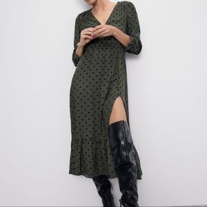 NWT Zara Khaki Green Polka Dot Long Dress